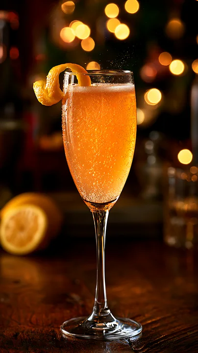A sparkling drink sits in a tall glass with a lemon twist on the rim.