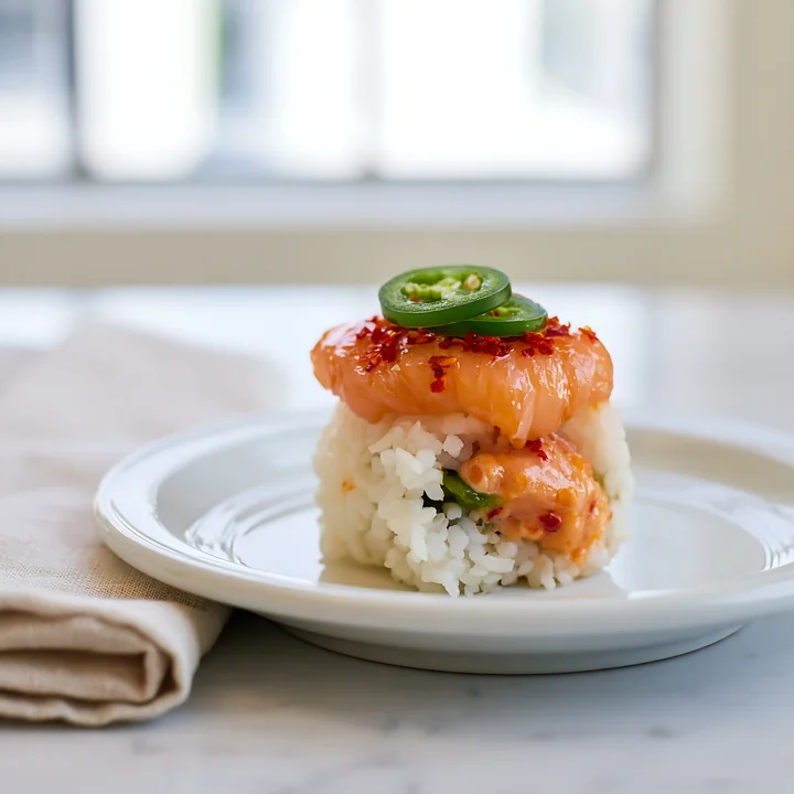 A spicy salmon sushi roll is placed on a white plate, featuring a topping of chili slices and a layer of sushi rice.