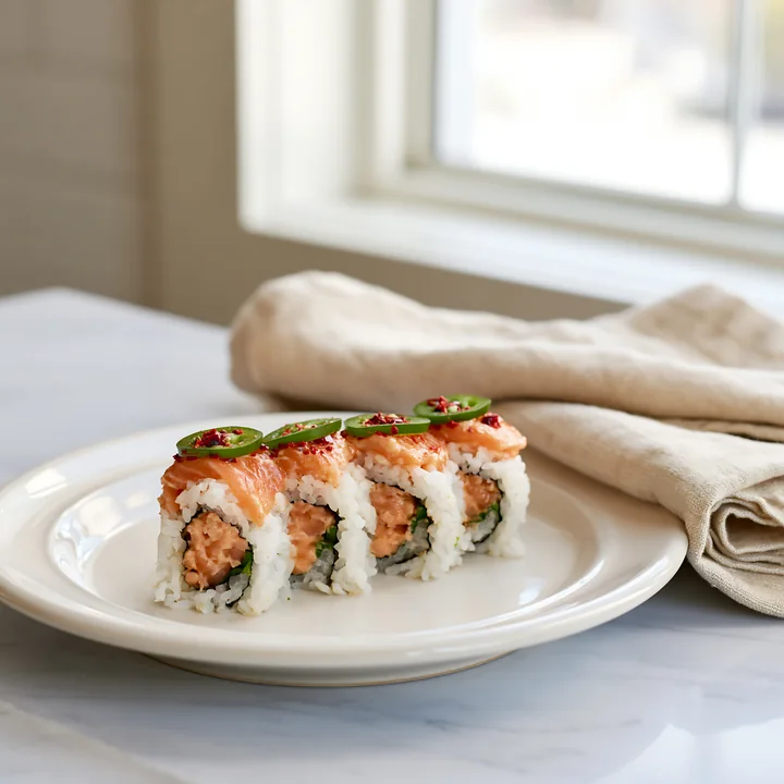 A spicy salmon sushi roll with chili is placed on a cream-colored plate.