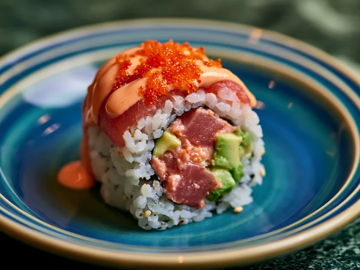 A spicy tuna roll is displayed on a blue plate, featuring layers of tuna and avocado topped with sauce and fish roe.