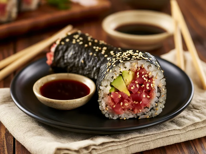 A spicy tuna roll is placed on a black plate next to a small bowl of dipping sauce.