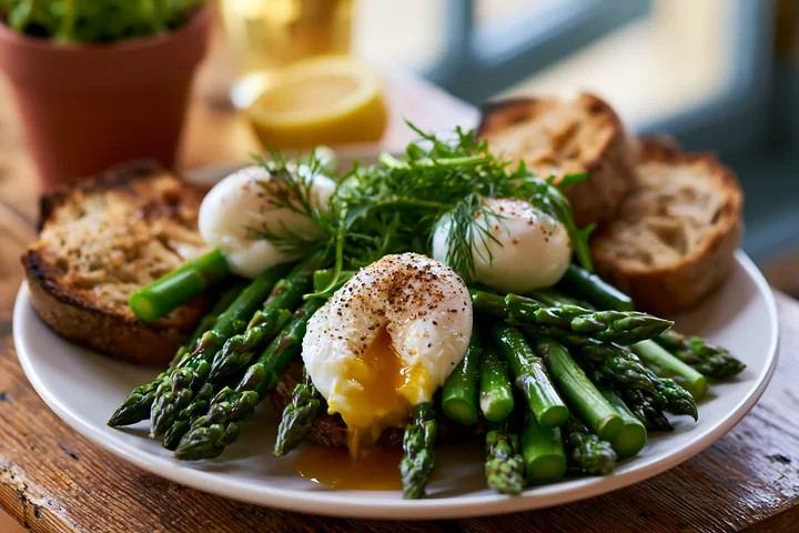 A spring breakfast plate features poached eggs on a bed of asparagus with toasted bread.