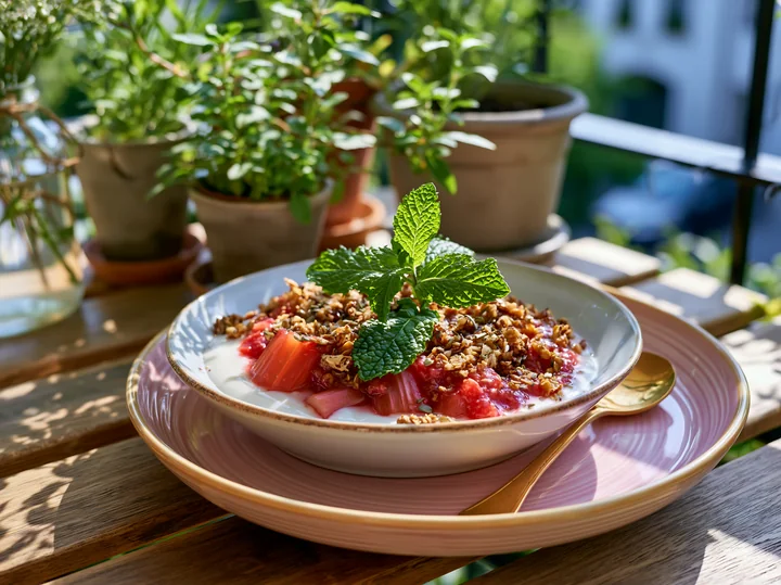 A spring breakfast plate features yogurt topped with granola and fresh fruit, displayed on a wooden table.