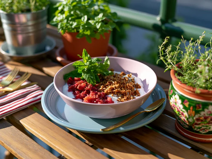 A spring breakfast plate features yogurt topped with granola and fresh strawberries.