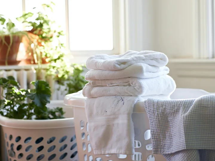 A stack of white towels rests on a laundry basket beside green plants in a bright room.