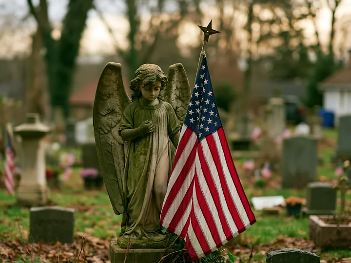 A statue of an angel stands in a cemetery with an American flag beside it.
