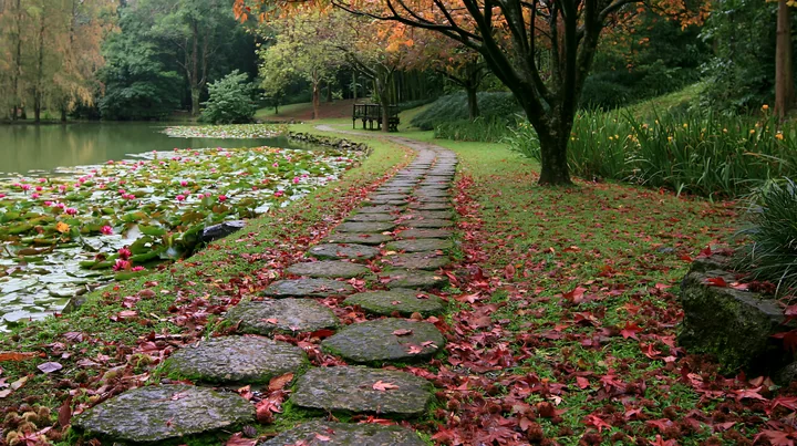 A stone pathway lines a water lily pond in autumn, surrounded by colorful leaves and lush greenery.