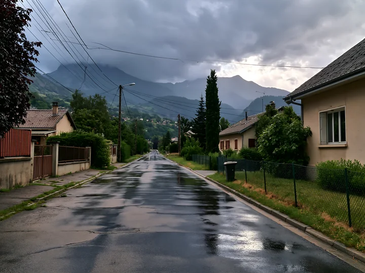 A storm moves over a mountain range, with dark clouds covering the sky.