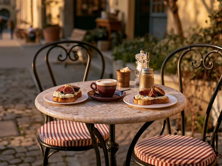 A street cafe table displays two plates of breakfast and a cup of milk coffee.