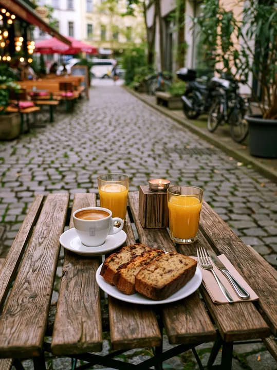 A street cafe table is set with a cup of milk coffee, slices of bread, and glasses of juice.