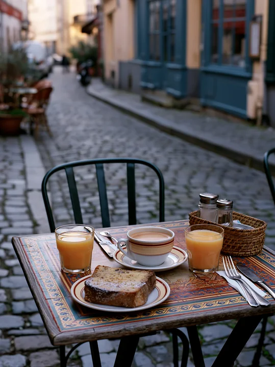 A street cafe table is set with milk coffee, fresh juice, and breakfast bread.