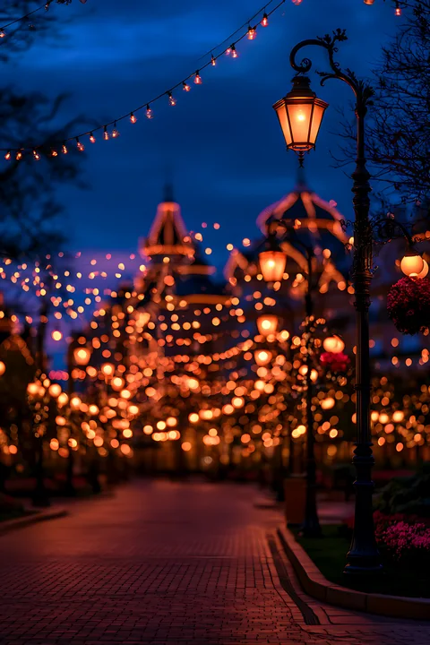 A street is lined with glowing lights, warm lampposts, and beautiful buildings in the background.
