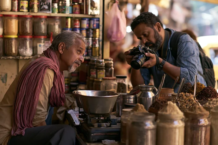 A street photographer is taking pictures in an urban market, focusing on a vendor as they exchange conversation.