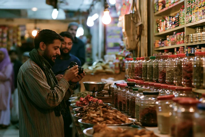 A street photographer taking pictures in an urban market stands by a spice stall filled with jars.