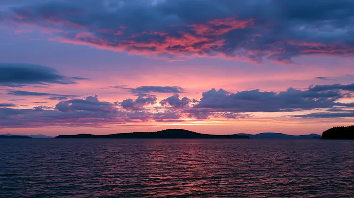A sunset casts shades of pink and purple over a distant island with flowers, reflecting on the water.