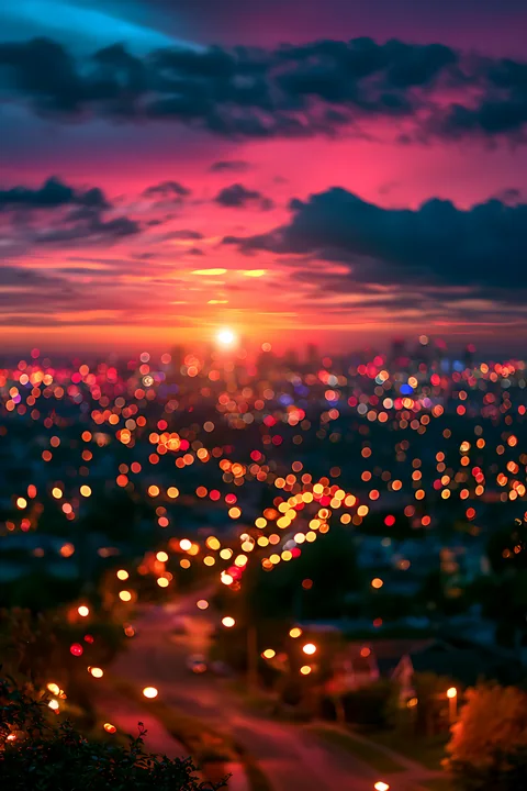 A sunset casts vibrant colors over a city skyline.