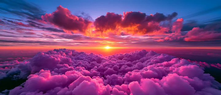 A sunset illuminates the sky with shades of purple, orange, and pink as the sun sets below fluffy clouds, creating a striking scene.