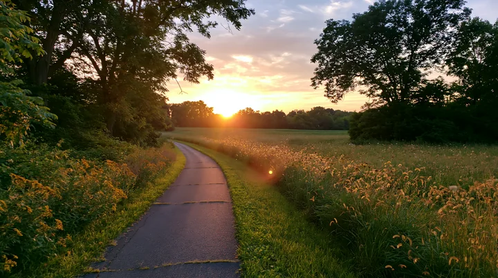 A sunset lights up a meadow beside a rural road, creating a warm glow.