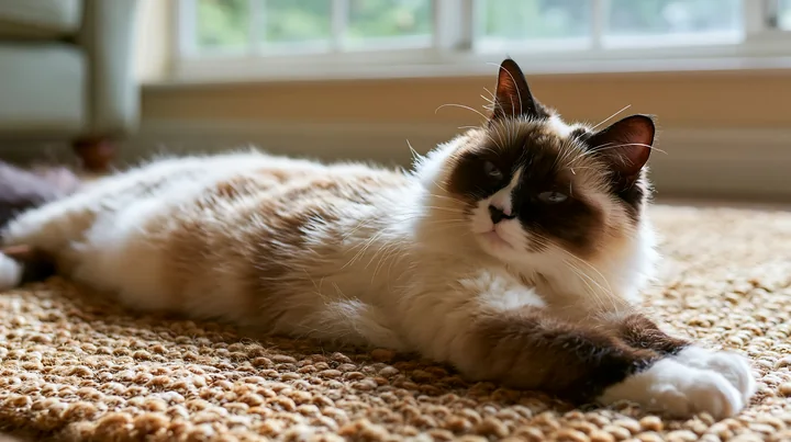 A Suphalak cat lies on a rug inside a home, with natural light coming through a window in the background.