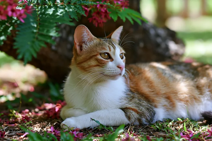 A Suphalak cat lies on the ground surrounded by colorful flowers and grass.