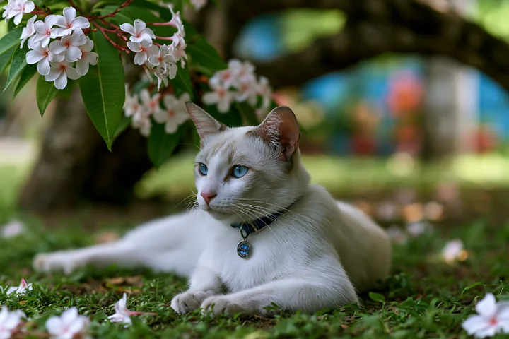 A Suphalak cat portrait captures the animal resting on grass under a tree with blooming flowers.
