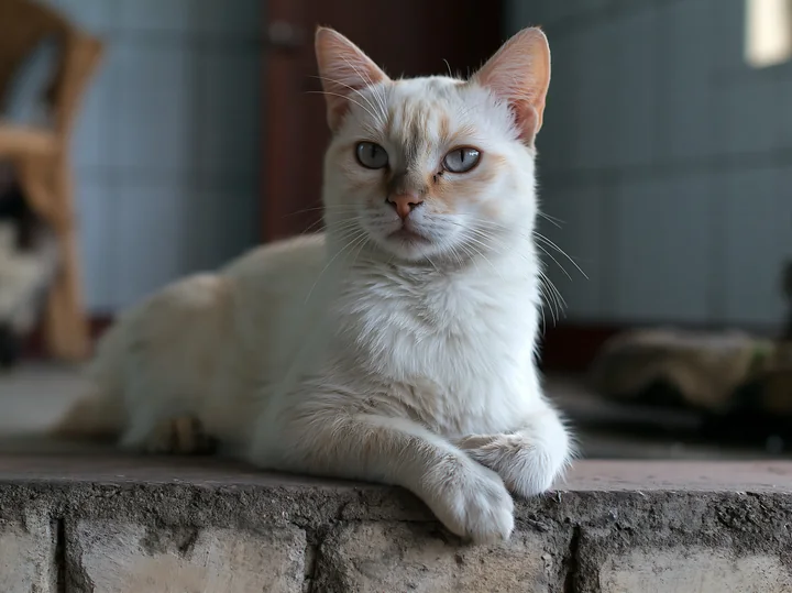 A Suphalak cat rests on a stone surface indoors, showcasing its unique fur and eye color.