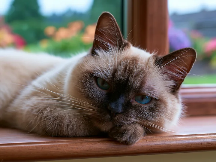 A Suphalak cat rests on a windowsill, displaying its blue eyes and distinctive fur pattern.
