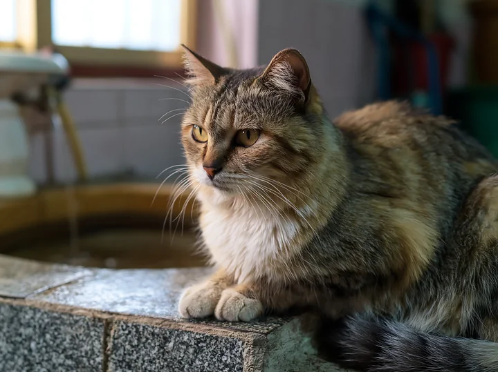 A Suphalak cat sits on a stone ledge with a small fountain behind.
