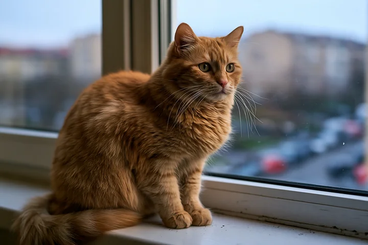 A Suphalak cat with orange fur sits by a window, gazing outside at the street.