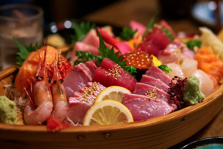A sushi boat with assorted seafood features various types of fish, shrimp, and garnishes presented on a wooden platter.