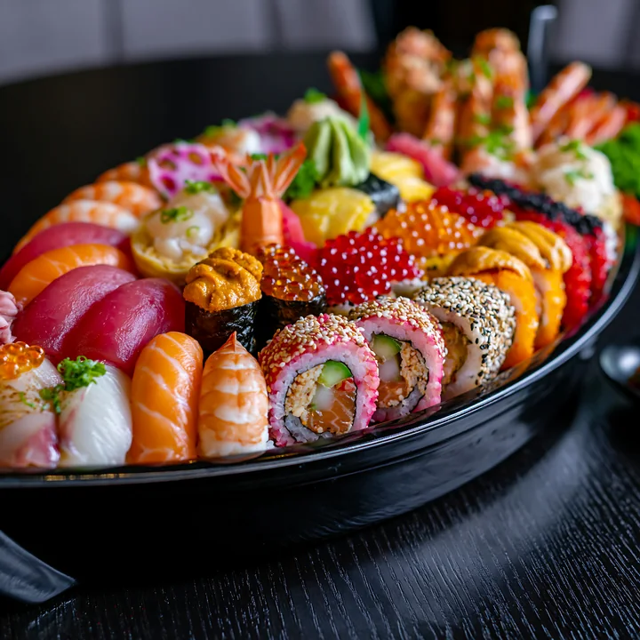 A sushi boat with assorted seafood showcases various sushi types including nigiri, maki, and sashimi.