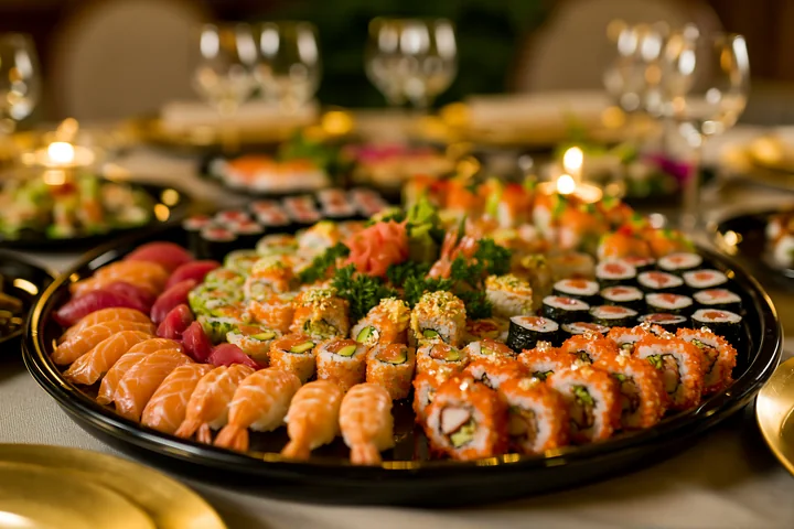 A sushi catering platter displays a variety of sushi types, including rolls, sashimi, and nigiri, set on a table ready for an event with glassware and decorativ