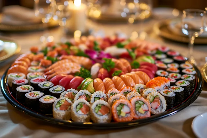 A sushi catering platter displays various types of sushi, including rolls and sashimi, surrounding vibrant garnishes on a dinner table with setting for guests.