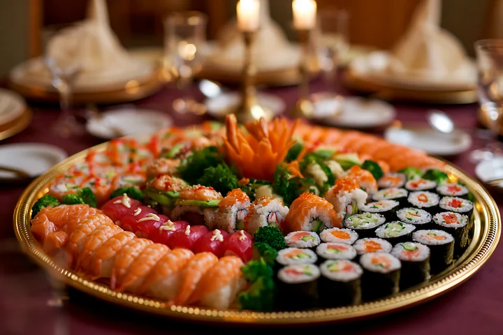 A sushi catering platter sits on a table, featuring a variety of sushi rolls, sashimi, and garnishes.