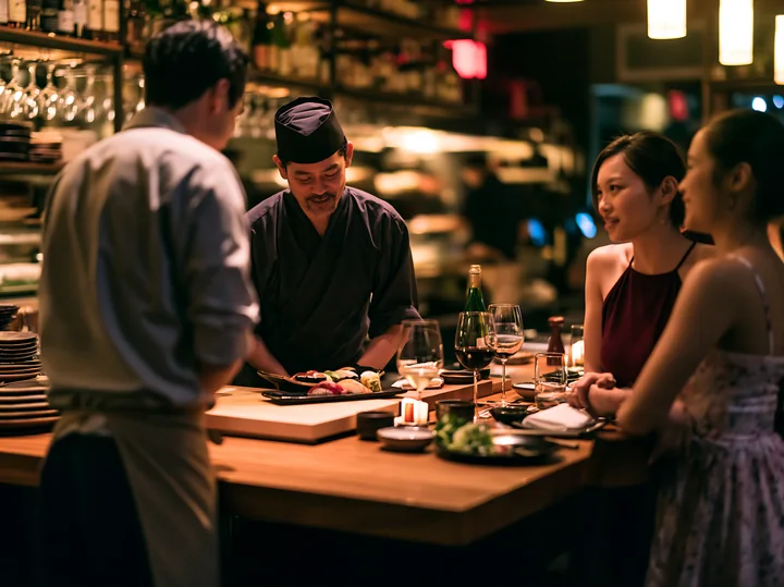 A sushi chef greeting diners at a wooden table in a bright restaurant.