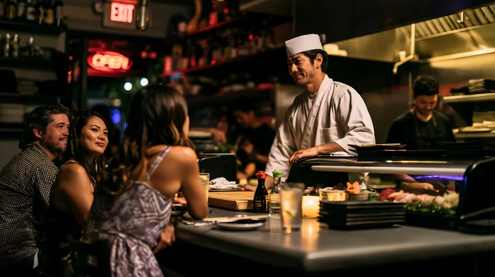 A sushi chef greeting diners in a busy restaurant setting as customers enjoy their meal.