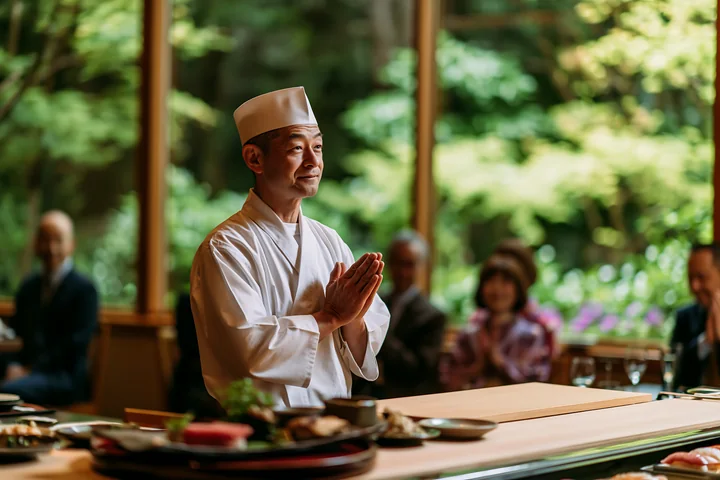 A sushi chef greeting diners with hands together in a restaurant filled with greenery.