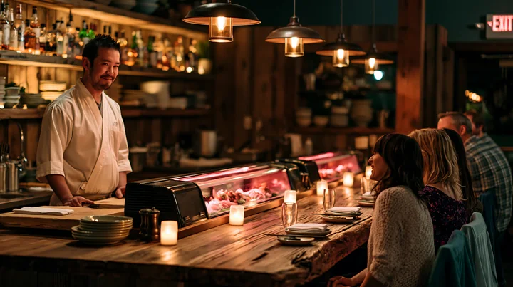 A sushi chef greets diners in a warm restaurant filled with wooden decor.