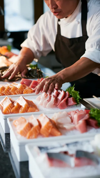 A sushi chef is arranging slices of sashimi on an ice display in a kitchen setting.