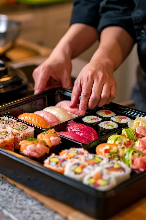 A sushi chef is placing a variety of sushi pieces into a black lunch box in a kitchen.