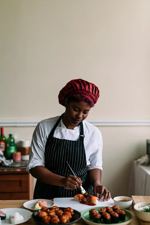 A sushi chef prepares sushi in a kitchen setting.