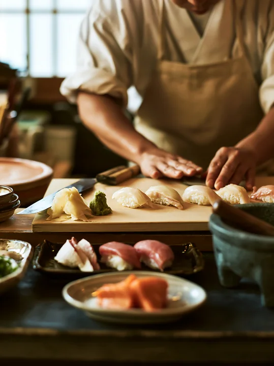 A sushi chef prepares sushi on a wooden cutting board in a restaurant kitchen.