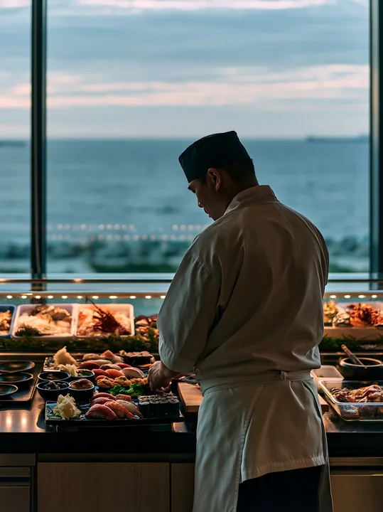 A sushi chef prepares various types of sushi at a counter with a view of the ocean.