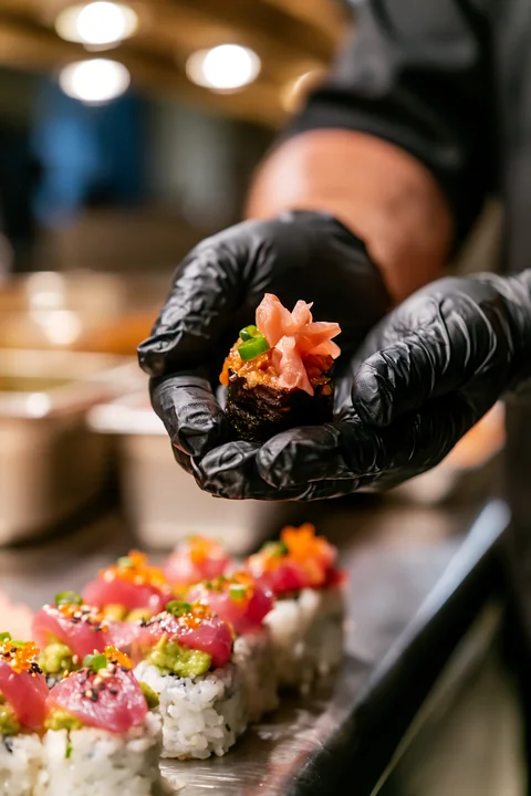 A sushi chef presents one sushi piece with pickled ginger while preparing sushi in a restaurant kitchen.