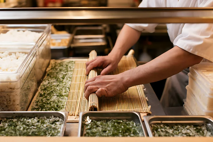 A sushi chef rolls maki using a bamboo mat while preparing sushi in a restaurant.