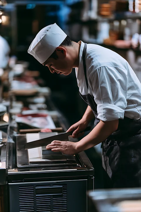 A sushi chef sharpens a knife on a countertop in a busy professional kitchen.