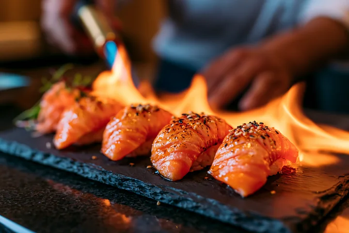 A sushi chef uses a torch to sear nigiri on a black stone plate.