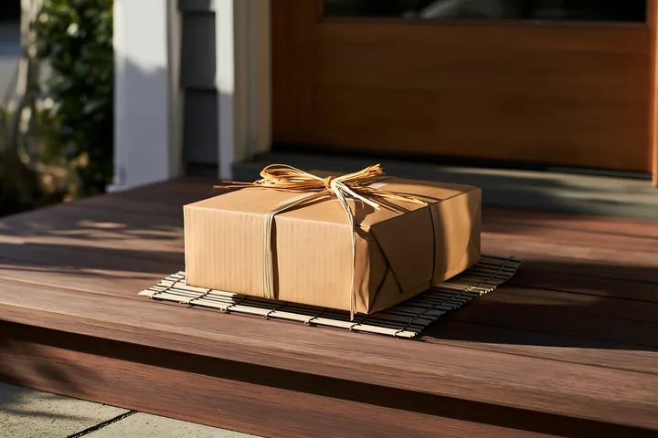 A sushi delivery box close-up sits on a mat at the entrance of a home.