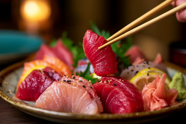 A sushi lover picks up a slice of fresh sashimi from a vibrant platter featuring various types of fish, garnished with pickled ginger and wasabi in a restaurant