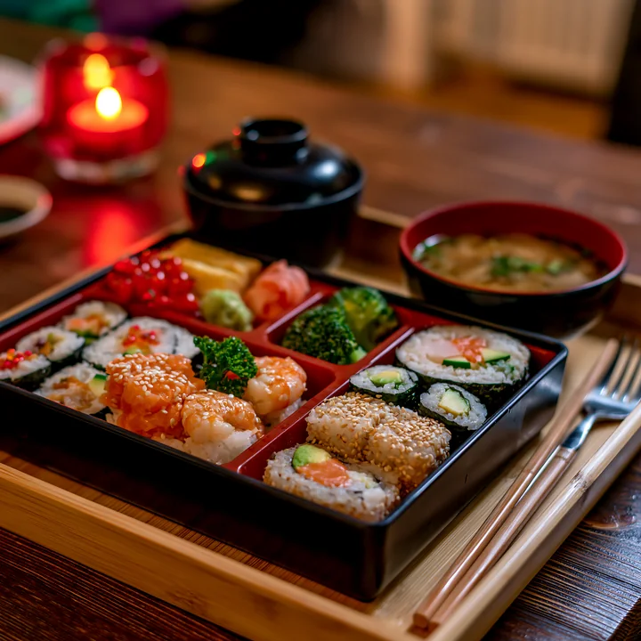 A sushi lunch box with compartments holds various sushi types, sides, and soup.